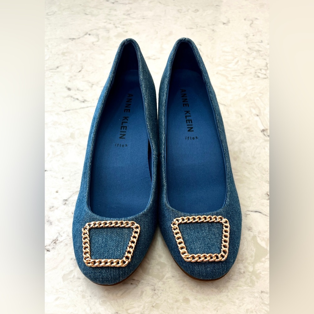Anne Klein Iflex Sadie Blue Denim Wedge Heels  Dressy Casual Size 9M